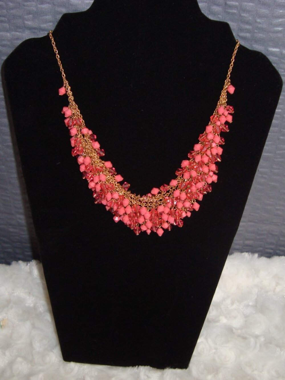 Vintage Layered Coral Pink Gold Faceted Beaded Cluster Bid Statement Necklace